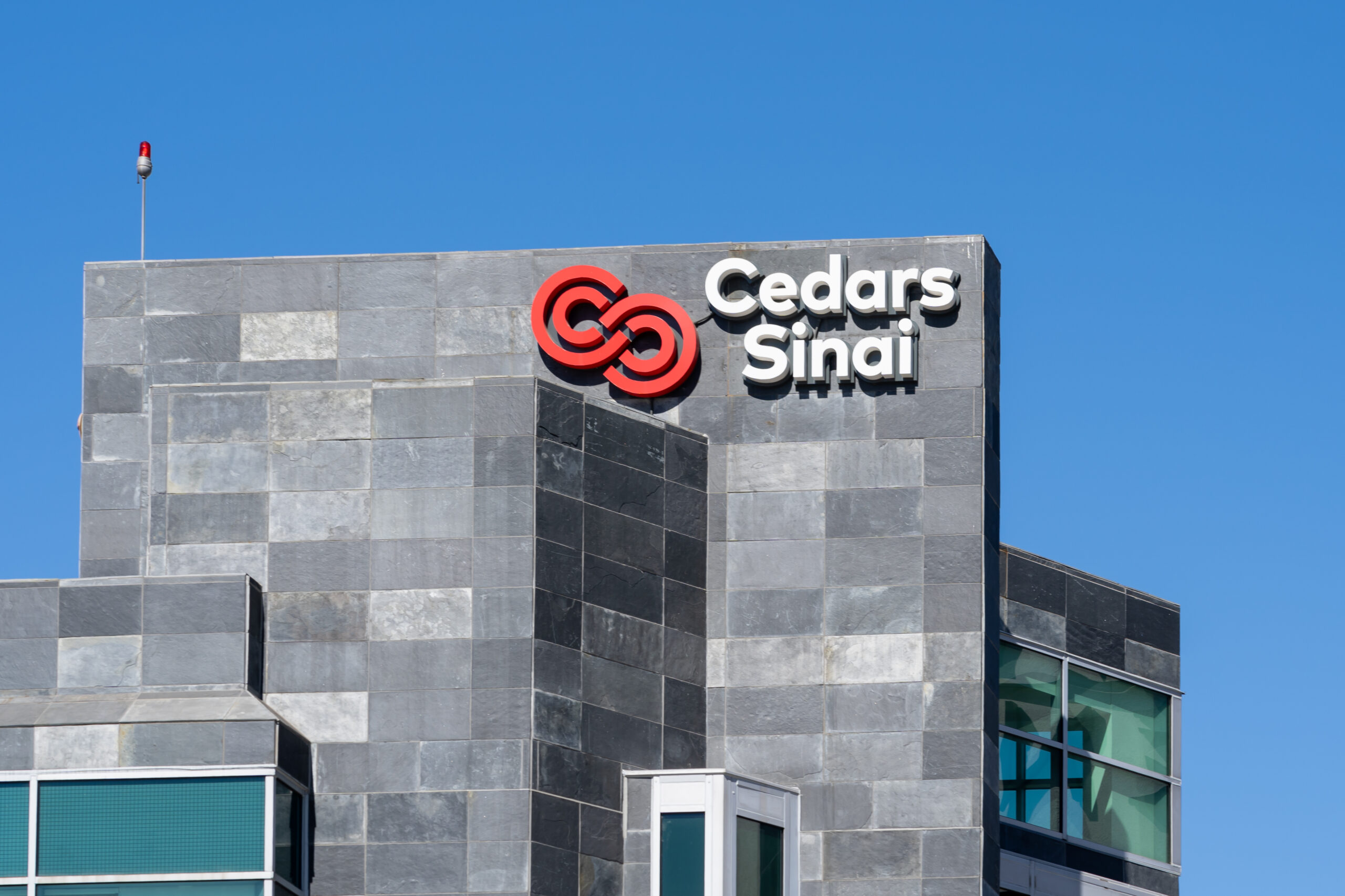 Close up of Cedars Sinai logo on the building in Los Angeles, California, USA
