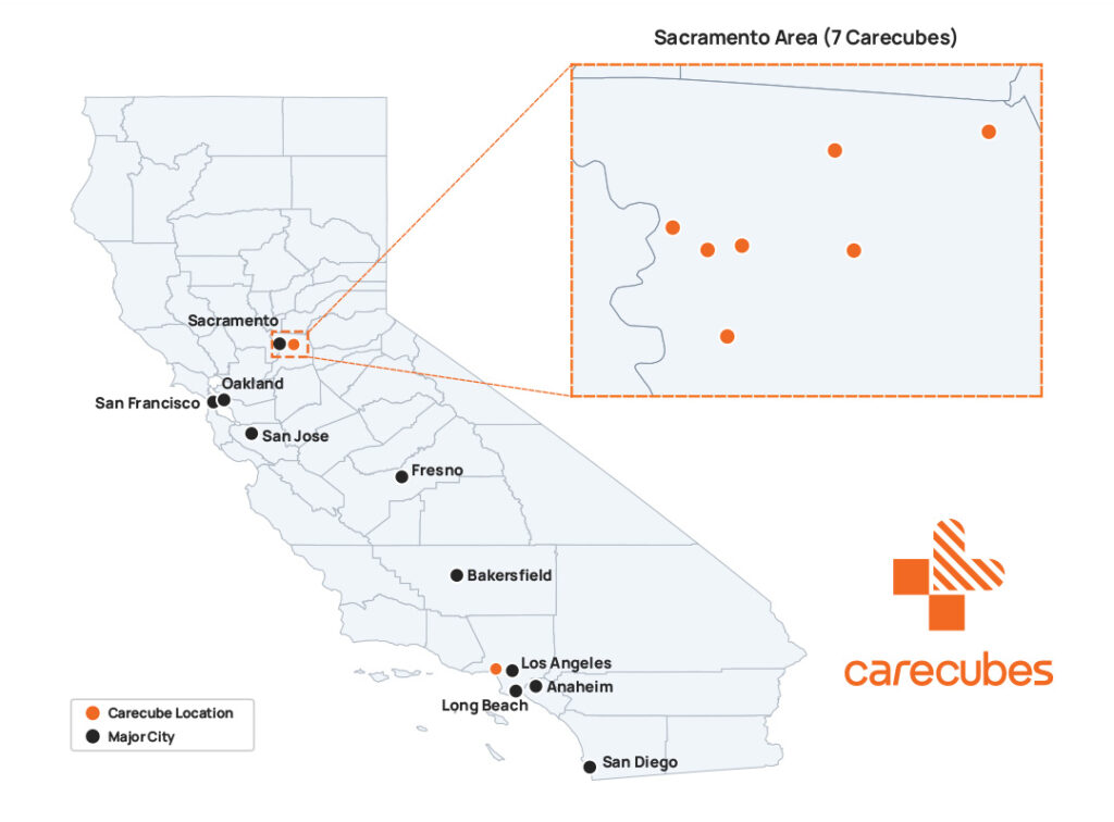 map of California, pinpointing locations of counties with a Carecube